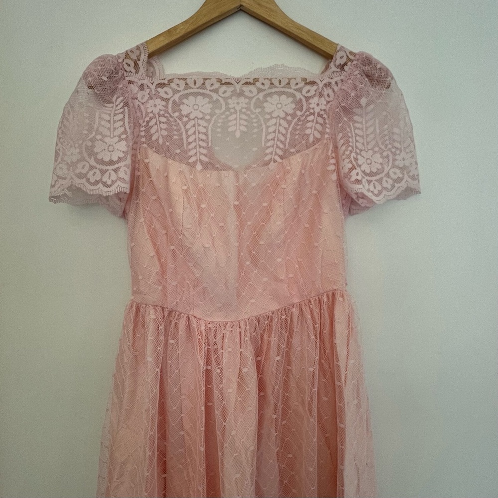 Vintage JC Penney Pink Puff Sleeve Lace Satin Sundress Wedding Prom Formal Gown